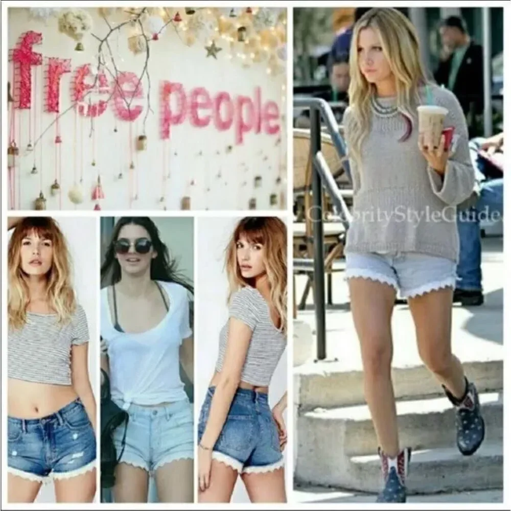 Free People Lacey Cutoff Shorts Size 26 Light Wash Distressed High-Rise Lace Hem